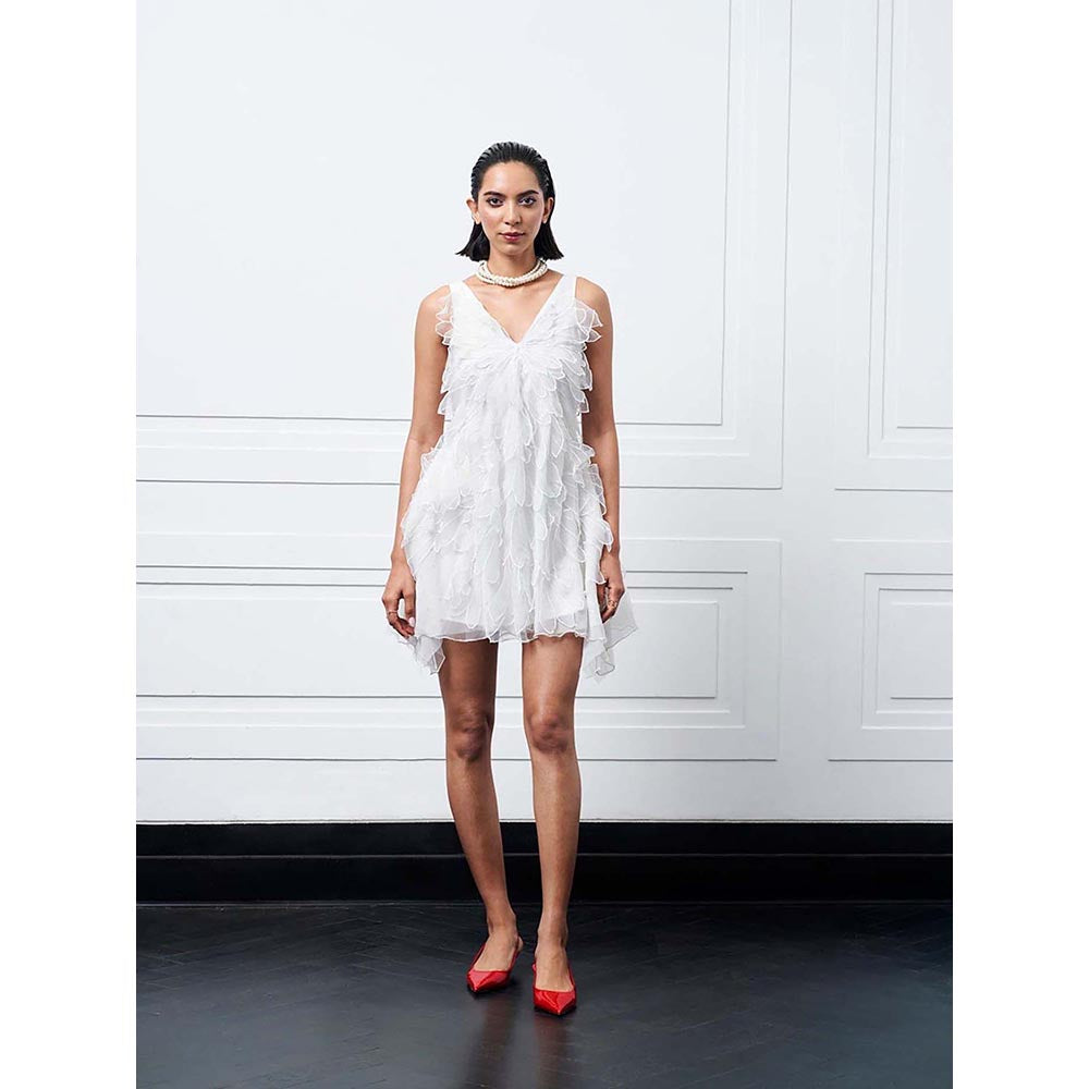 Kay Kay BY KKHUSHI SAHAII Kiniley White Hand Embellished V-Neck Mini Dress