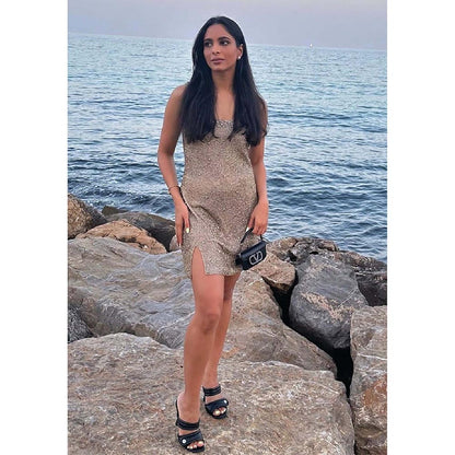Kay Kay BY KKHUSHI SAHAII Annie Gold Embellished Scoop Neck Mini Dress