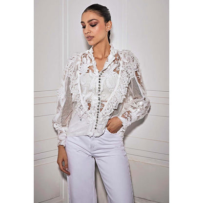 Kay Kay BY KKHUSHI SAHAII Off White 3D Lace Flower Shirt Style Top