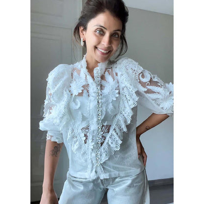 Kay Kay BY KKHUSHI SAHAII Off White 3D Lace Flower Shirt Style Top