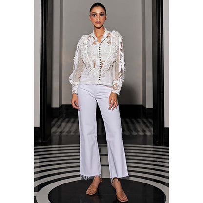 Kay Kay BY KKHUSHI SAHAII Off White 3D Lace Flower Shirt Style Top