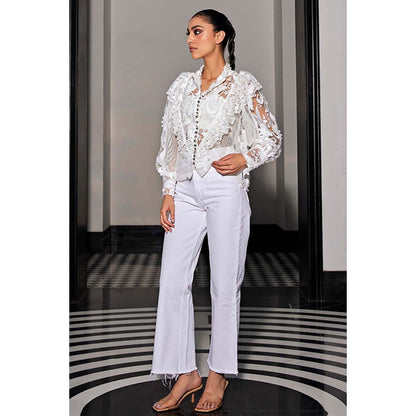 Kay Kay BY KKHUSHI SAHAII Off White 3D Lace Flower Shirt Style Top