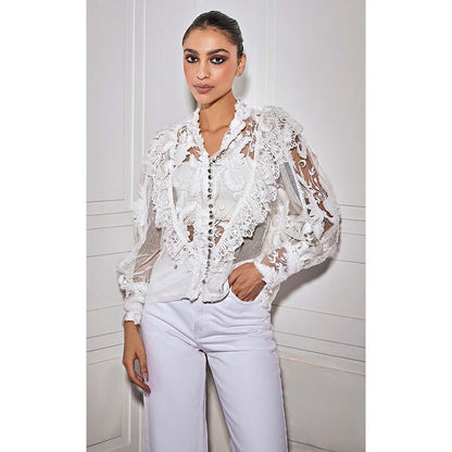 Kay Kay BY KKHUSHI SAHAII Off White 3D Lace Flower Shirt Style Top