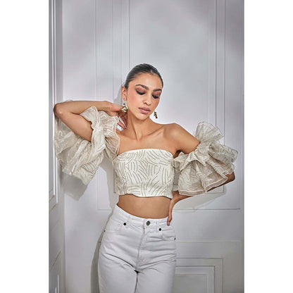 Kay Kay BY KKHUSHI SAHAII Gold Organza Chain Embroidered Crop Top