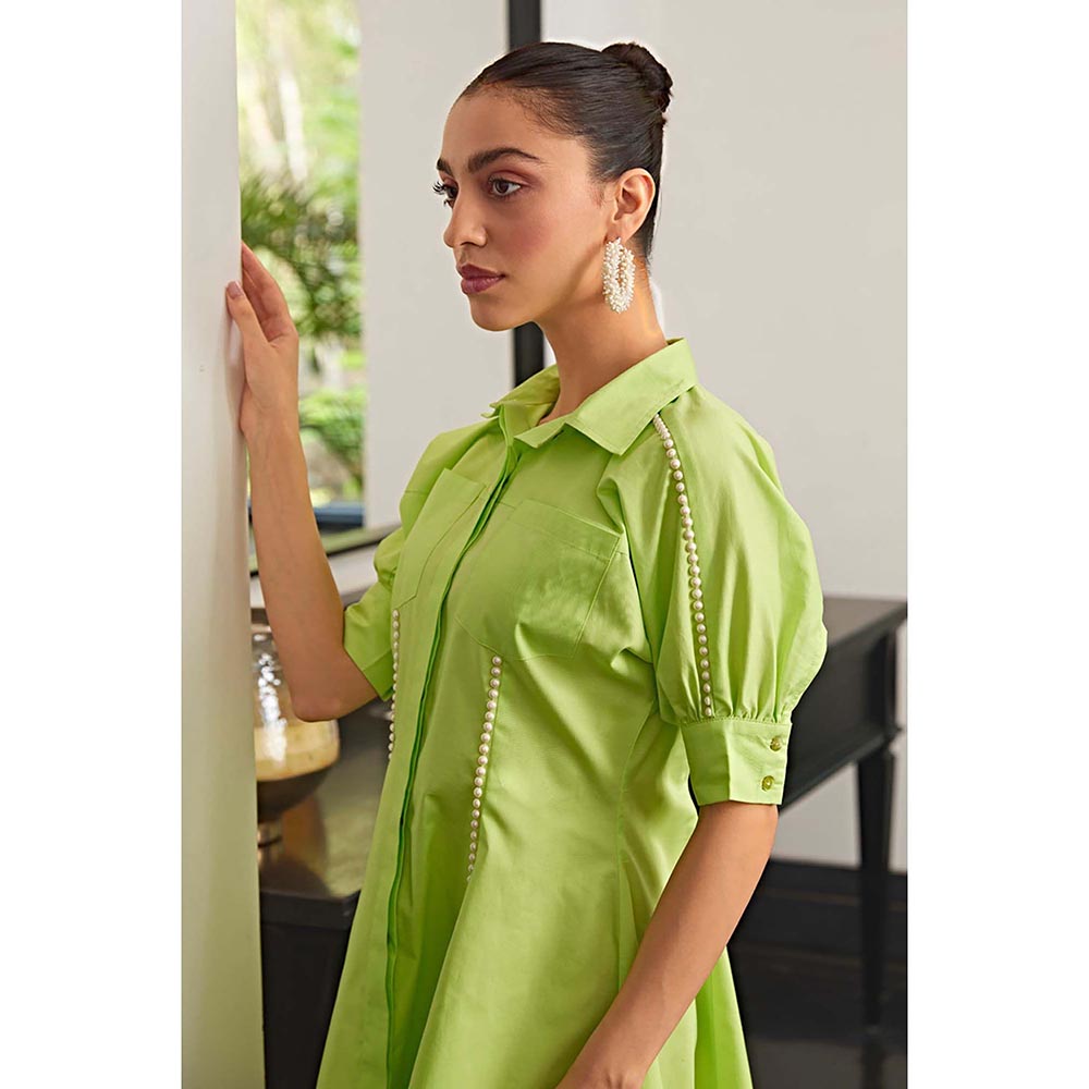 Kay Kay BY KKHUSHI SAHAII Neon Shirt Pearl Work Green Mini Dress