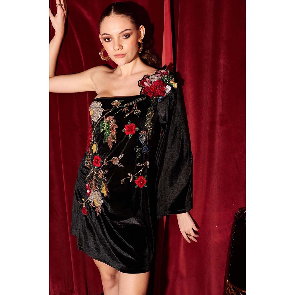 Kay Kay BY KKHUSHI SAHAII Lillian Embroidered Black Mini Dress
