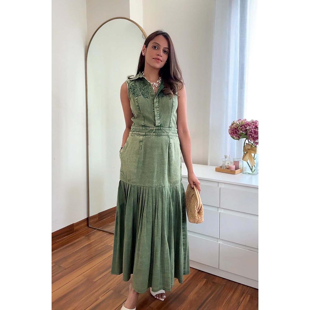 Kay Kay BY KKHUSHI SAHAII Nova Denim Olive Maxi Dress