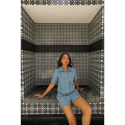 Kay Kay BY KKHUSHI SAHAII Blue Rue Embellished Denim Shirt And Short