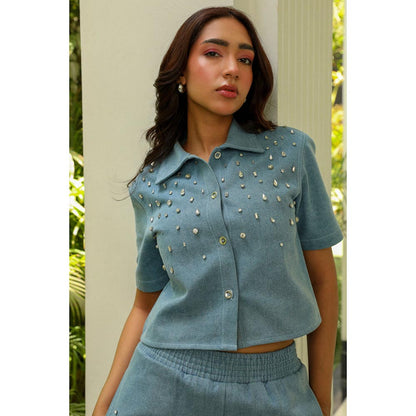 Kay Kay BY KKHUSHI SAHAII Blue Rue Embellished Denim Shirt And Short