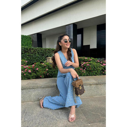 Kay Kay BY KKHUSHI SAHAII Blue Stevie Embellished Denim Top And Pant