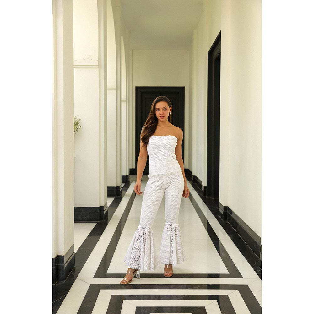 Kay Kay BY KKHUSHI SAHAII White Miu Embroidered Strapless Top And Palazzo