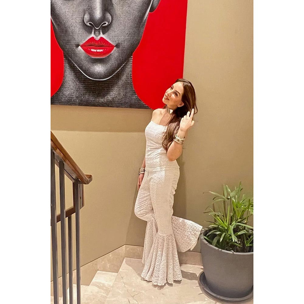 Kay Kay BY KKHUSHI SAHAII White Miu Embroidered Strapless Top And Palazzo