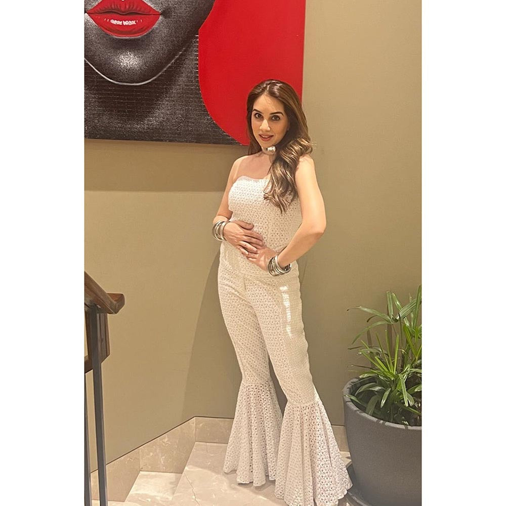 Kay Kay BY KKHUSHI SAHAII White Miu Embroidered Strapless Top And Palazzo