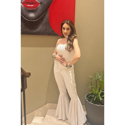 Kay Kay BY KKHUSHI SAHAII White Miu Embroidered Strapless Top And Palazzo