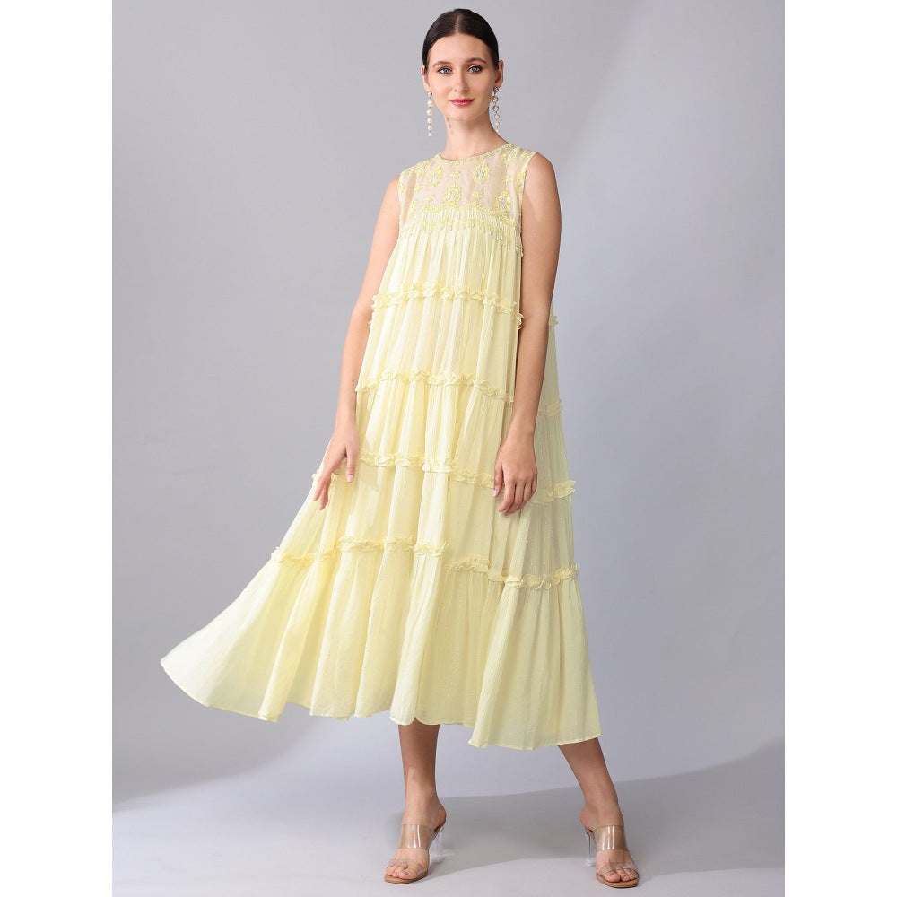 KEITH GOMES Yellow Tier Cotton Chiffon Dress