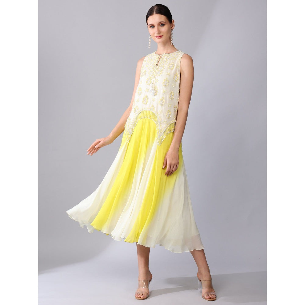 KEITH GOMES Yellow Motif Embroidered Panel Ombre Dress (Set of 2)