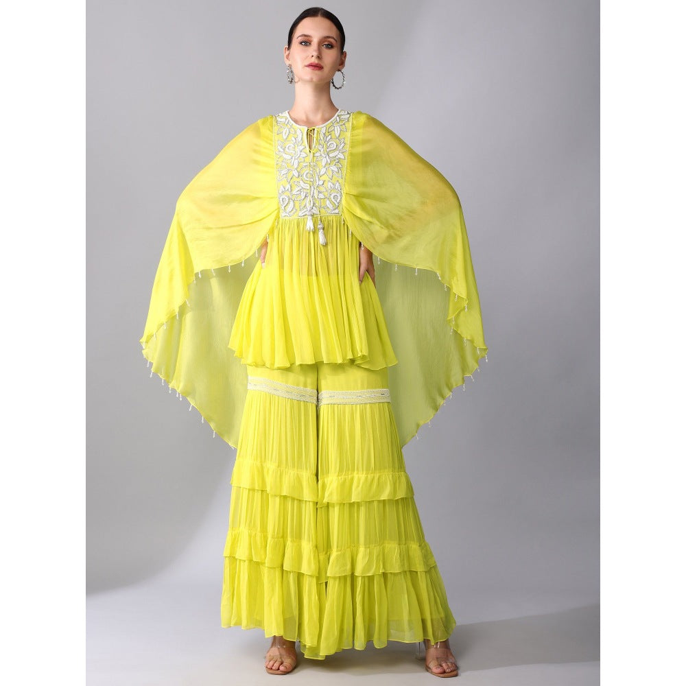 KEITH GOMES Pearl Embroidered Yellow Organza Silk Tunic & Sharara (Set of 2)