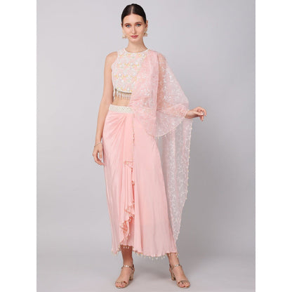 KEITH GOMES Sequined Crop Top Paired With A Crepe Skirt & Organza Drape (Set of 3)