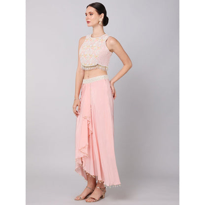 KEITH GOMES Sequined Crop Top Paired With A Crepe Skirt & Organza Drape (Set of 3)