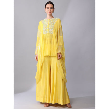 KEITH GOMES Yellow Flower Motifs Yoke High Low Tunic & Sharara (Set of 2)