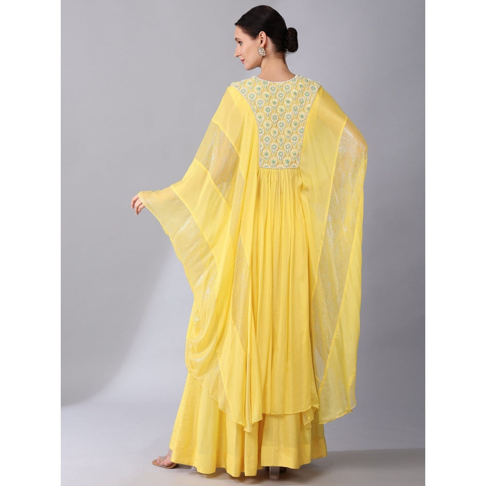 KEITH GOMES Yellow Flower Motifs Yoke High Low Tunic & Sharara (Set of 2)