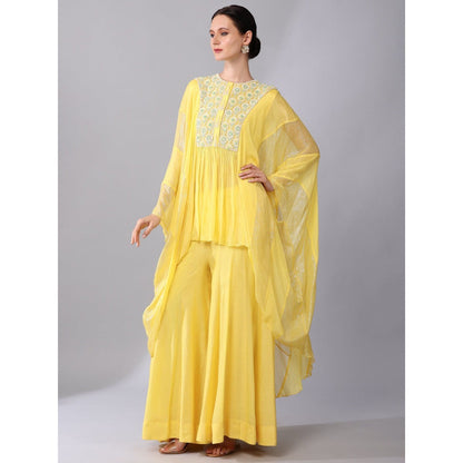 KEITH GOMES Yellow Flower Motifs Yoke High Low Tunic & Sharara (Set of 2)