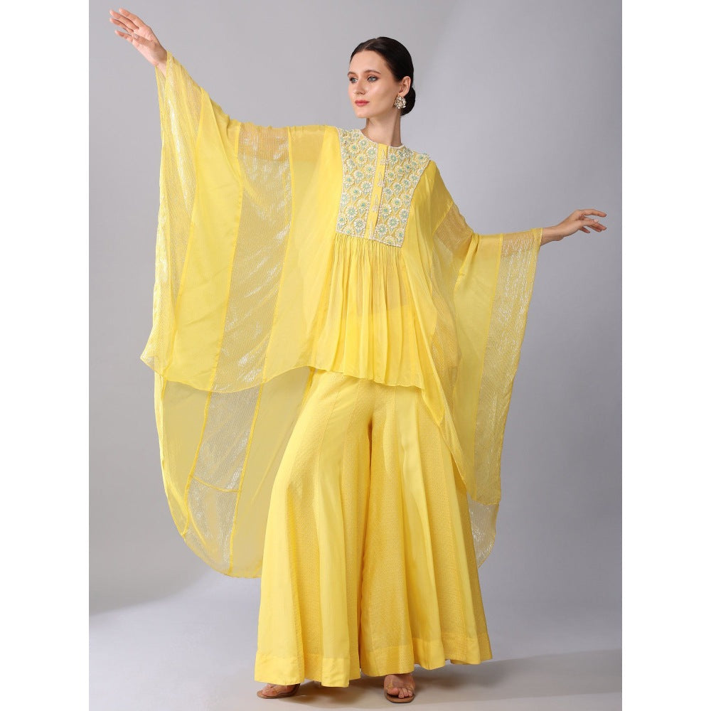 KEITH GOMES Yellow Flower Motifs Yoke High Low Tunic & Sharara (Set of 2)