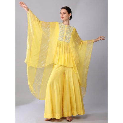 KEITH GOMES Yellow Flower Motifs Yoke High Low Tunic & Sharara (Set of 2)