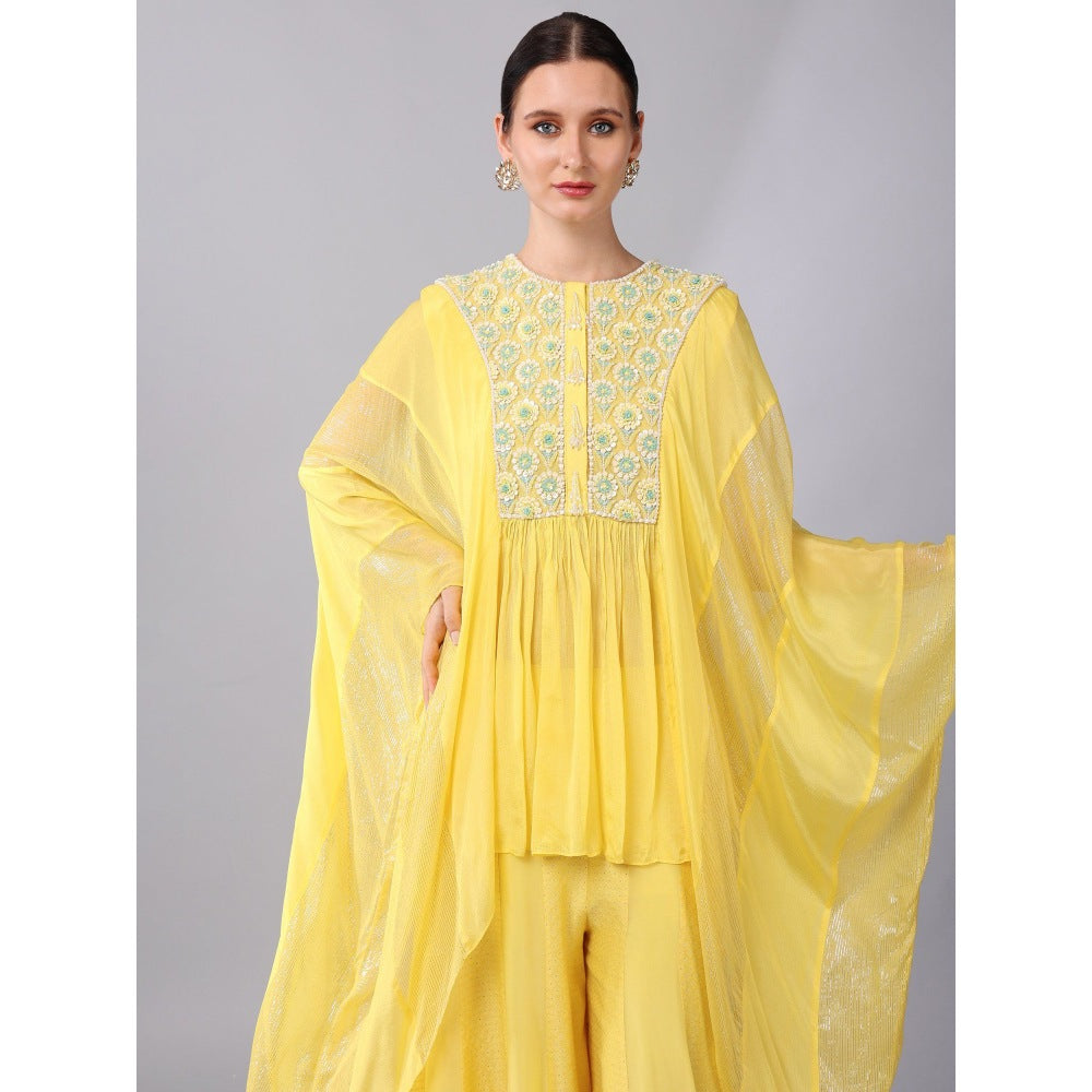 KEITH GOMES Yellow Flower Motifs Yoke High Low Tunic & Sharara (Set of 2)