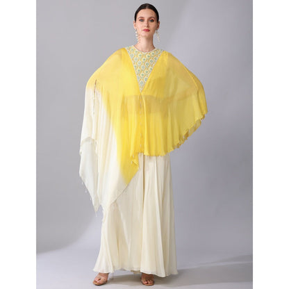 KEITH GOMES Yellow Flower Motifs Yoke Ombre Tunic & Palazzo (Set of 2)