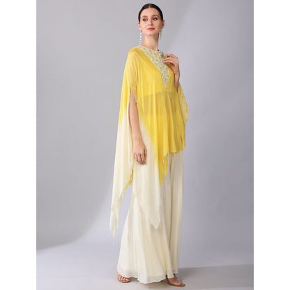KEITH GOMES Yellow Flower Motifs Yoke Ombre Tunic & Palazzo (Set of 2)