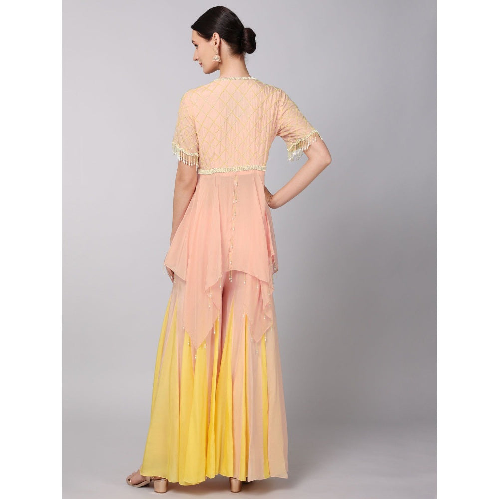 KEITH GOMES Pink Flower Motifs Embroidered Ombre Tunic & Sharara (Set of 2)