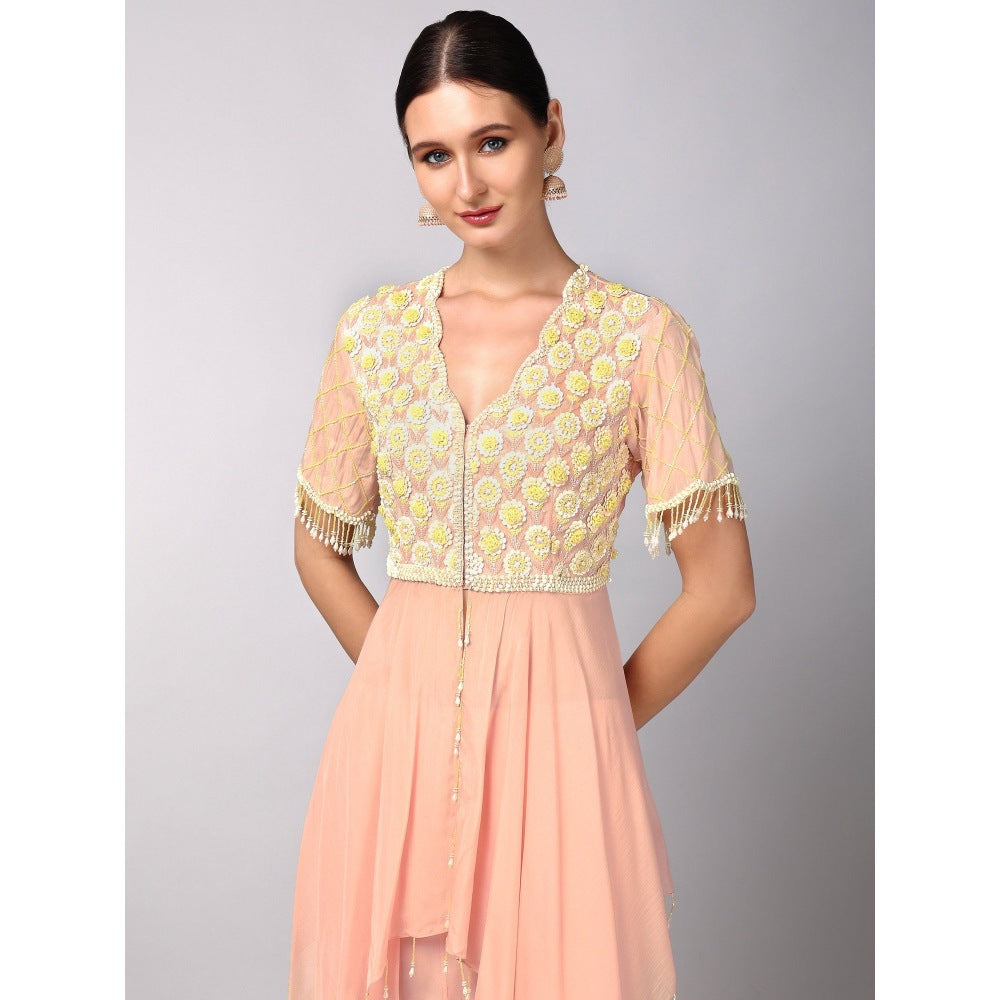 KEITH GOMES Pink Flower Motifs Embroidered Ombre Tunic & Sharara (Set of 2)