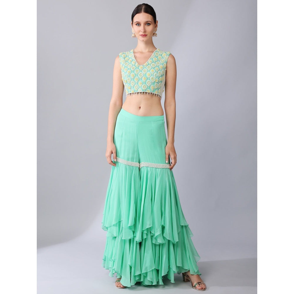 KEITH GOMES Green Flower Motifs Crop Top Sharara & Cape (Set of 3)