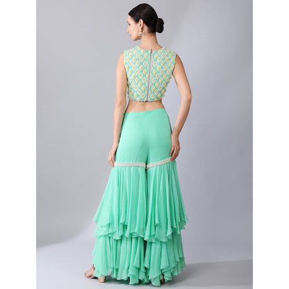 KEITH GOMES Green Flower Motifs Crop Top Sharara & Cape (Set of 3)