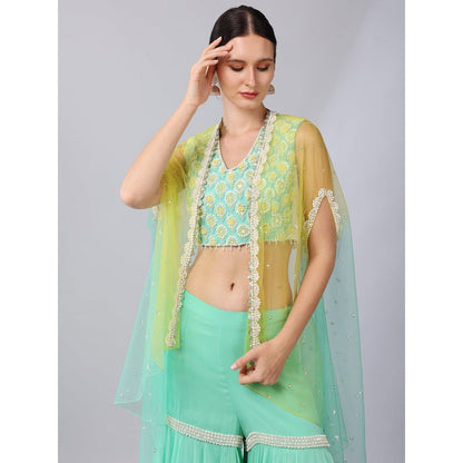 KEITH GOMES Green Flower Motifs Crop Top Sharara & Cape (Set of 3)
