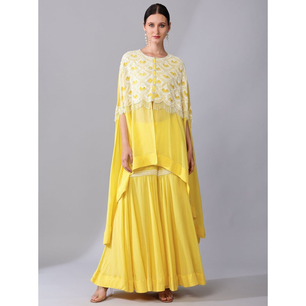 KEITH GOMES Ivory Bead Embroidered Yellow Cape & Sharara With Slip (Set of 3)