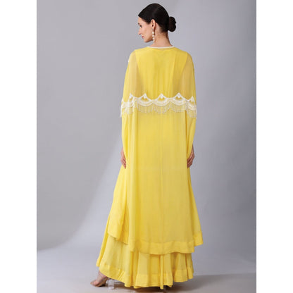 KEITH GOMES Ivory Bead Embroidered Yellow Cape & Sharara With Slip (Set of 3)