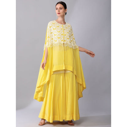 KEITH GOMES Ivory Bead Embroidered Yellow Cape & Sharara With Slip (Set of 3)
