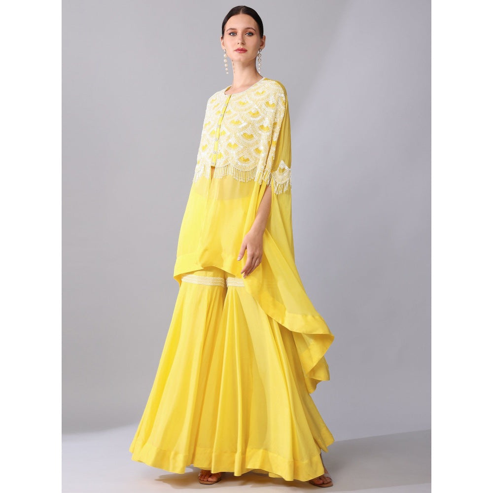 KEITH GOMES Ivory Bead Embroidered Yellow Cape & Sharara With Slip (Set of 3)