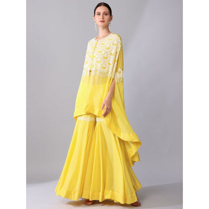 KEITH GOMES Ivory Bead Embroidered Yellow Cape & Sharara With Slip (Set of 3)