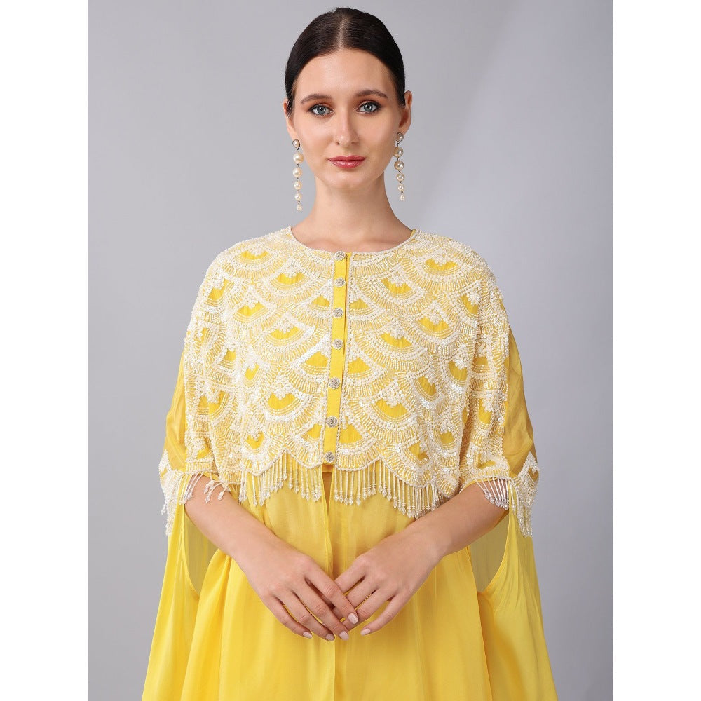 KEITH GOMES Ivory Bead Embroidered Yellow Cape & Sharara With Slip (Set of 3)