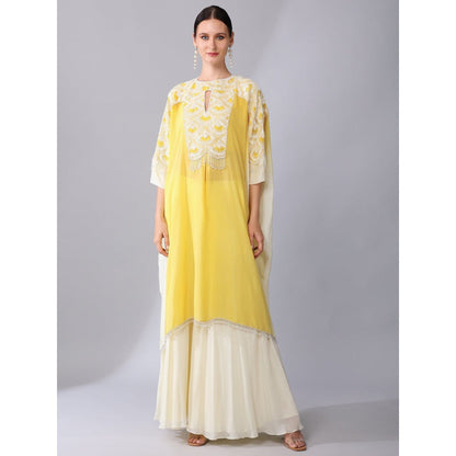 KEITH GOMES Ivory Bead Embroidered Yellow Kaftan & Palazzo And Slip (Set of 3)