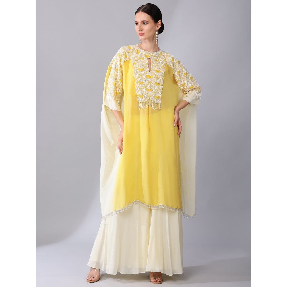 KEITH GOMES Ivory Bead Embroidered Yellow Kaftan & Palazzo And Slip (Set of 3)