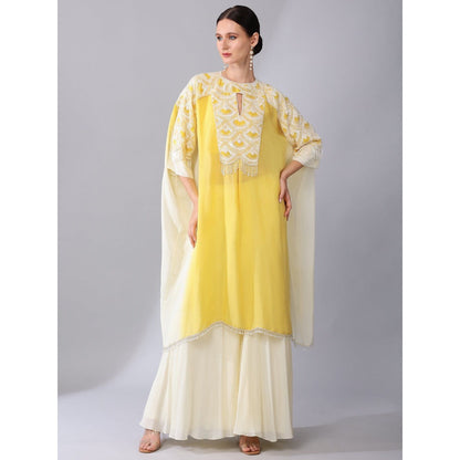 KEITH GOMES Ivory Bead Embroidered Yellow Kaftan & Palazzo And Slip (Set of 3)