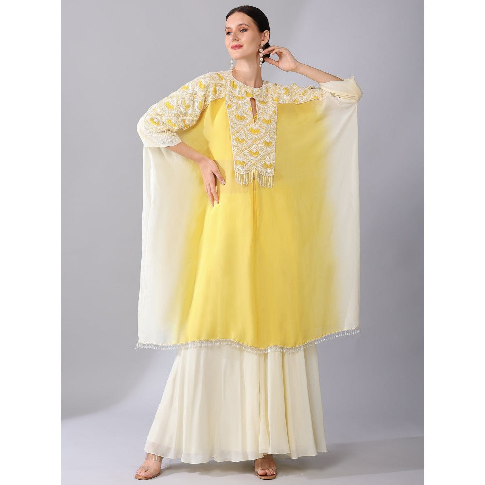 KEITH GOMES Ivory Bead Embroidered Yellow Kaftan & Palazzo And Slip (Set of 3)