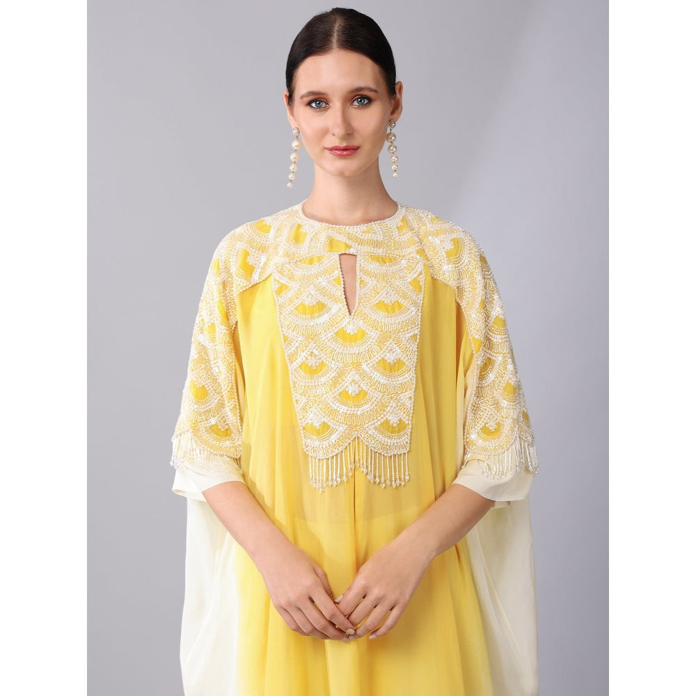 KEITH GOMES Ivory Bead Embroidered Yellow Kaftan & Palazzo And Slip (Set of 3)