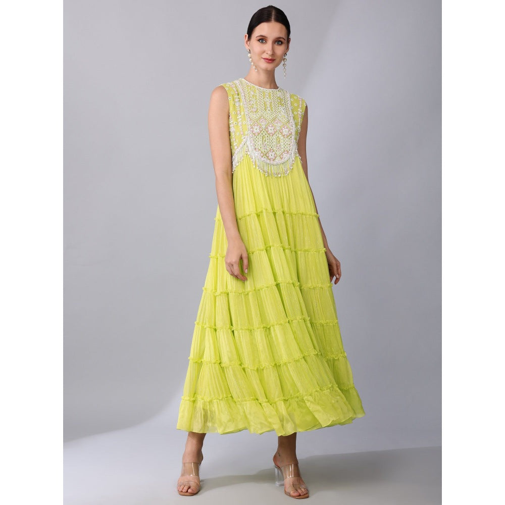 KEITH GOMES Neon Green Chiffon Crepe Tier Dress