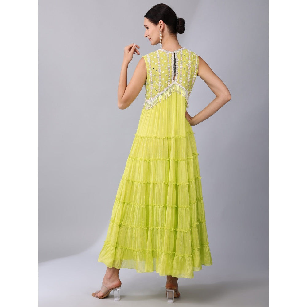 KEITH GOMES Neon Green Chiffon Crepe Tier Dress