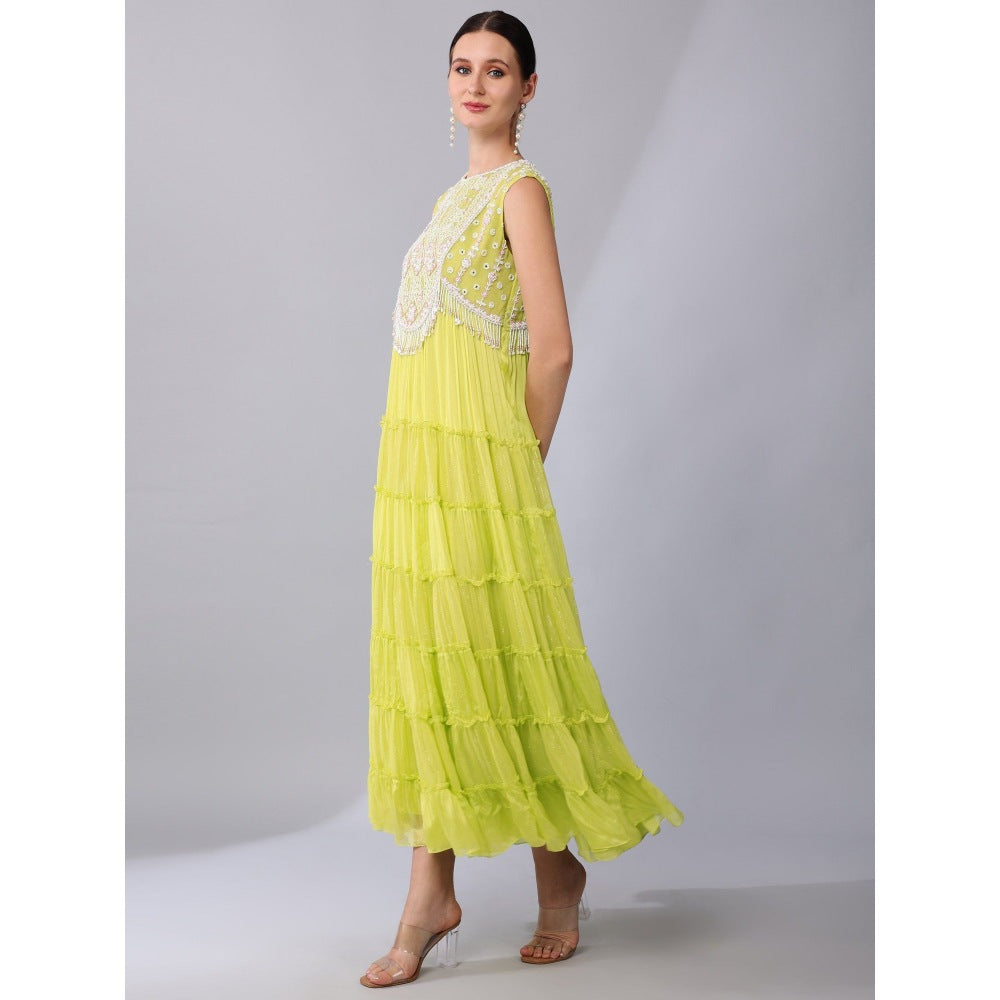 KEITH GOMES Neon Green Chiffon Crepe Tier Dress